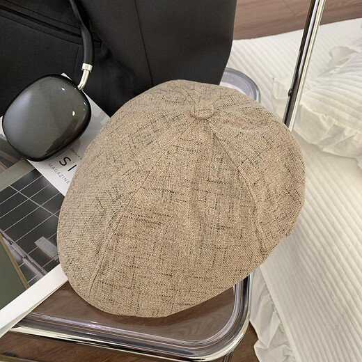 槿城美式复古辣妹棉麻前进帽女夏季薄款文艺百搭街头显脸小贝雷帽子潮 咖色BL0829 均码 M（56-58cm）