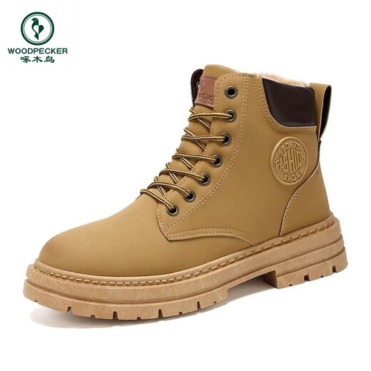 Woodpecker Winter Plus toison Martin Boots Chaussures de haut pour hommes pour hommes British Retro non glissé Bottes de travail chaudes Coton Chaussures Chaussures pour hommes Jaune plus polaire 40