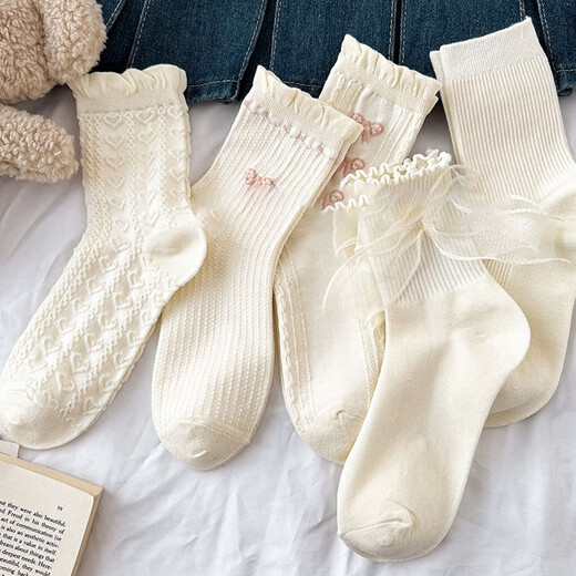 White socks for women summer cute socks lace Mary Jane with small leather shoes mid-calf socks for women spring and autumn flesh-colored big bow 1 pair 1 pair lace socks