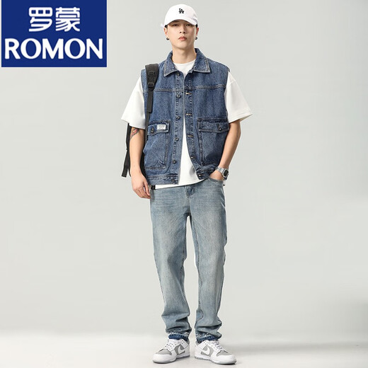 Romon 2024 Denim Weste Männer Ärmelne Weste Jacke Herren Spring- und Herbst Trendy Lose vielseitige Arbeit Jacke 9215 Blau + 9215 Schwarz 2xl