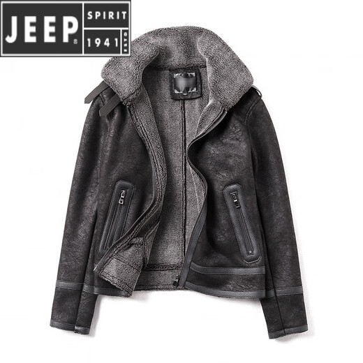JEEP SPIRIT Jeep MA1 bomber jacket men's leather jacket men's fur one-piece jacket men's lamb fur jacket black XL