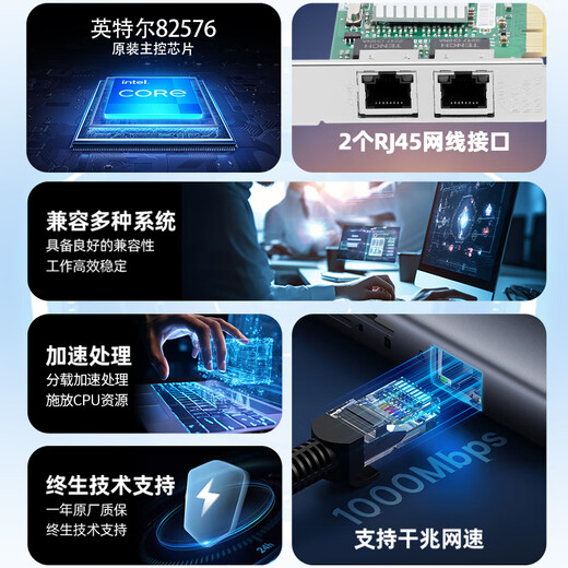 昆鱼（FLYBISH）NA546-T2 PCI双口8492mt千兆网卡服务器网卡工控机Intel 82546 芯片汇聚软路由ROS无盘
