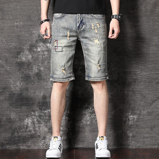 真维斯（Jeanswest）牛仔短裤男2025夏季破洞休闲男士五分裤宽松潮流弹力沙滩裤中裤 826蓝色 30
