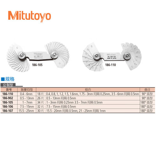 Mitutoyo Radius Gauge C Plate Arc Gauge R Gauge R Square Radius Sample High Precision Imported from Japan 186-105/1-7mm/34p