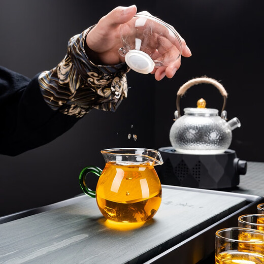 Glass tea set, household complete set of black tea tea set, transparent filter tea maker, thickened heat-resistant simple tea cup, 10-head glass_double-layer cup_covered bowl