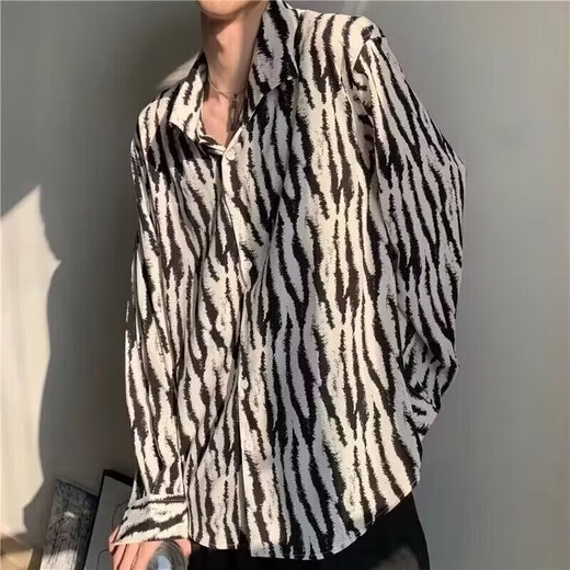 凯丁森（kaidinsen）长袖潮流慵懒潮系黑白斑马纹衬衫设计感衬衣青少年秋季外套 诺世嘉顿-687黑色 L