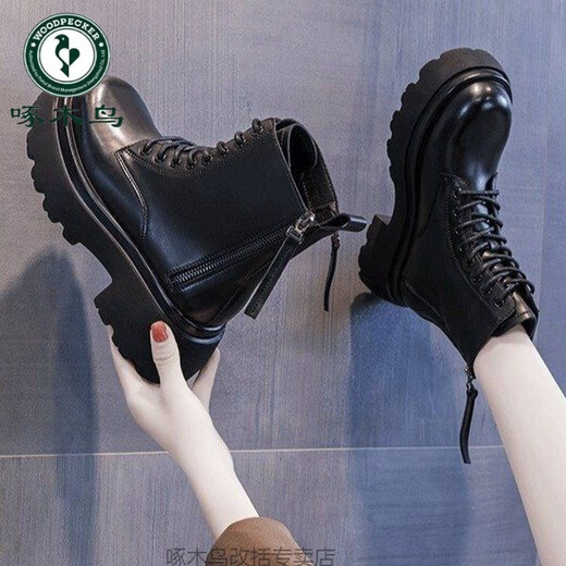 Woodpecker British style thick-soled Martin boots for women in spring and autumn 2024 new style of inner height-enhancing Chelsea short boots designer women's shoes black 39