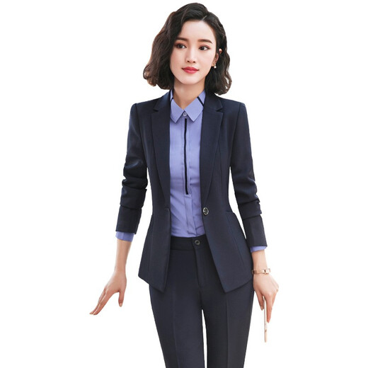 Jian Ting professional wear women's suit new fashion spring and autumn temperament women's suit work clothes suit interview formal work wear navy blue suit + trousers L