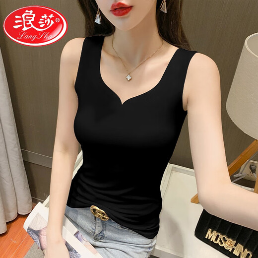 LangSha (LangSha) V-neck pure cotton black and white vest suspender women's large size seamless slim fit autumn and winter inner and outer bottoming shirt white heart collar combed cotton M