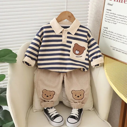 Disney's new children's suit boy's sweatshirt baby clothes spring and autumn handsome fashionable baby spring two-piece set casual children's clothing blue lapel striped bear set 90