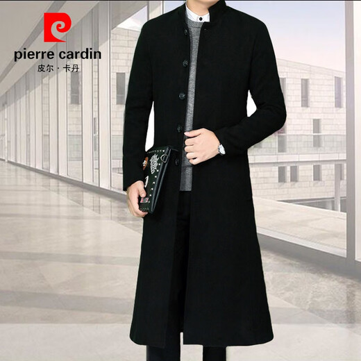 Pierre Cardin (pierre cardin) men's autumn and winter Korean version mid-length knee-length thickened cotton windbreaker youth slim long woolen coat Y145 pure black stand-up collar cotton and thick 4XL 180-195Jin Jin is equal to about 0.5 kg