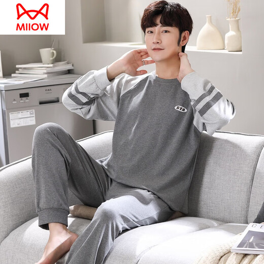 Catman (MiiOW) pajamas for men in spring and autumn pure cotton long-sleeved teenagers full-size cotton large-size casual summer thin home clothing set D6621 dark gray fashion pattern men's model M[80-120Jin[Jin equals 0.5 kg]]
