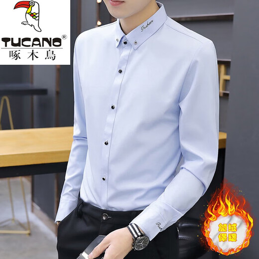 Woodpecker (TUCANO) winter white shirt men's long-sleeved slim suit men's shirt business casual high-end plus velvet thickened warm top 829 black plus velvet [plug plus velvet thickened] L reference 110-125 Jin [Jin equals 0.5 kg]
