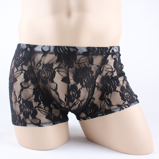 Men's Sexy Underwear Thin Transparent Lace Sexy Underwear See-through Boxer Briefs Men's Shorts One Size Red