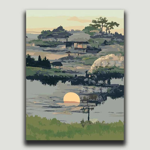 Digital oil painting Large size Chinese style landscape digital oil painting DIY coloring healing sunset sunset scenery living room YF-829 High mountains stand 50*65cm pen + pigment + inner frame