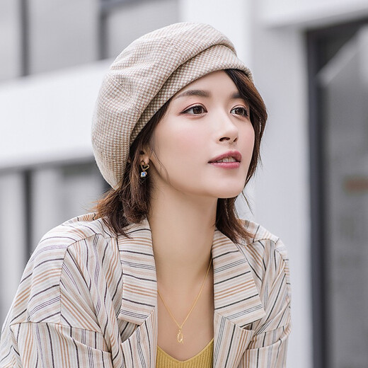 Shenggeer beret women's autumn and winter Korean version versatile houndstooth British retro painter hat Internet celebrity hat women's fashion dark coffee one size