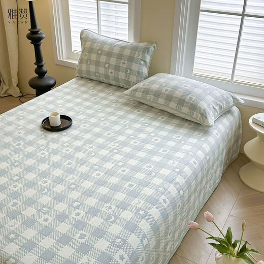 Yazan's new six-layer pure cotton gauze soft mat newborn baby bedding set innocence series plaid time green 220*240cm extra large double sheet