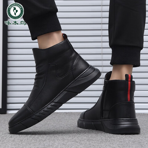 Woodpecker leather shoes men's 2025 new soft sole soft leather Martin boots men's casual men's trendy leather boots genuine leather high top men's shoes black four seasons 41
