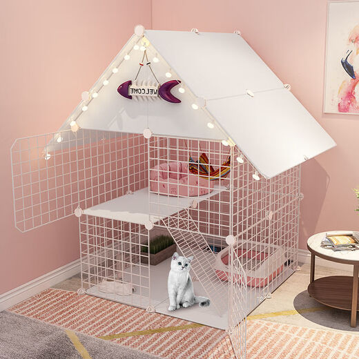 Cat Cage Home Indoor Cat Villa with Toilet Clearance Large Extra Large Free Space Small Cat Nest Cattery Three-story Small Bungalow + White Jump Platform - Multi-Cat Paradise Exclusive Model Hardcover Model + Cat Litter Box + Dual-Purpose Cat Bowl