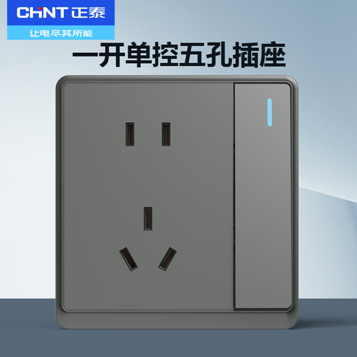 Chint (CHNT) switch socket panel type 86 concealed household five-hole socket wall panel misaligned socket narrow frame large panel oblique five-hole 6M magic silver gray one-open single-control five-hole