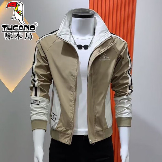 Woodpecker Spring and Autumn Jacket Men's Fashion Slim Stand Collar Korean Style Trendy Work Jacket Versatile Handsome Casual Top Beige-Coat Brand Special Price Clearance Pickup L Suitable for 110Jin Jin is equal to 0.5kg or so