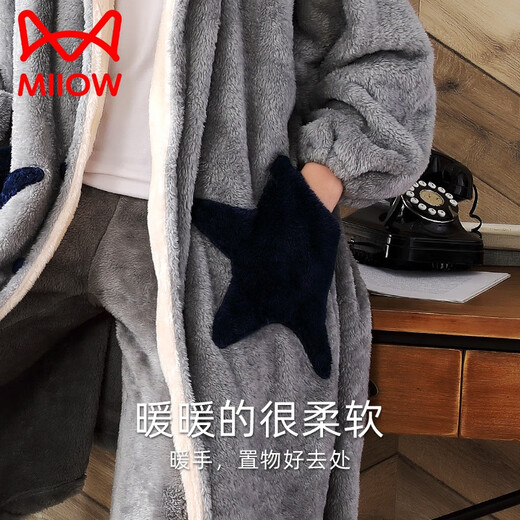 猫人（MiiOW）睡袍男冬季加厚长款珊瑚绒睡衣星星保暖秋冬法兰绒浴袍套装 YX9922 L