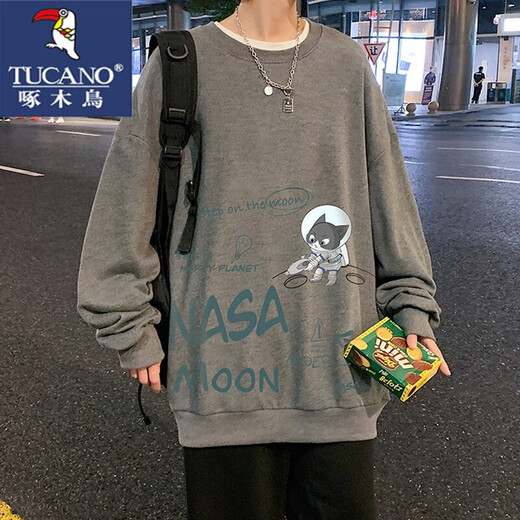 Woodpecker Round Neck Sweatshirt Spring and Automne Hong Kong Kong Style Tendy Versatile T-shirt à manches à manches longues et porte des vêtements pour hommes à la mode S6187 M blanc + S6187 Blue XL
