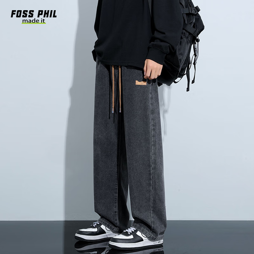 Foss Phil牛仔裤子男士春夏季宽松阔腿直筒裤子休闲裤838黑灰XL