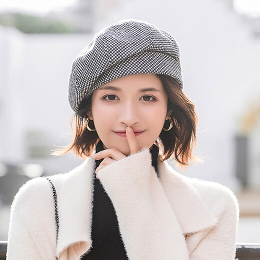 Shenggeer beret women's autumn and winter Korean version versatile houndstooth British retro painter hat Internet celebrity hat women's fashion dark coffee one size