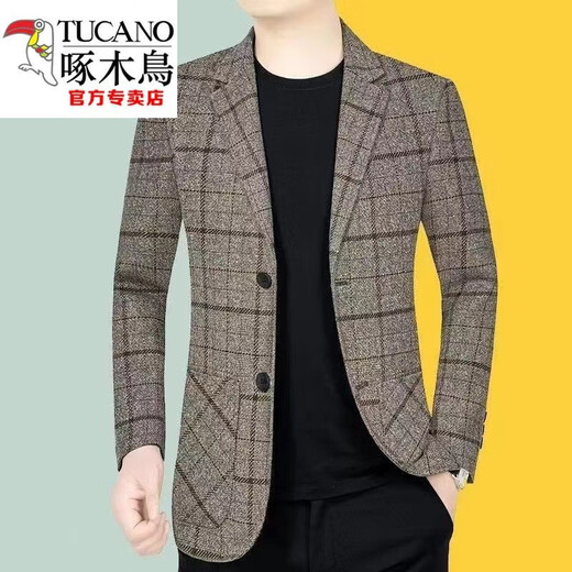 Woodpecker (TUCANO) new autumn and winter casual suit jacket for men, spring and autumn style, middle-aged men's plaid suit, Korean version trendy, khaki, velvet, thickened 3XL recommended 145-160Jin Jin equals 0.5 kg