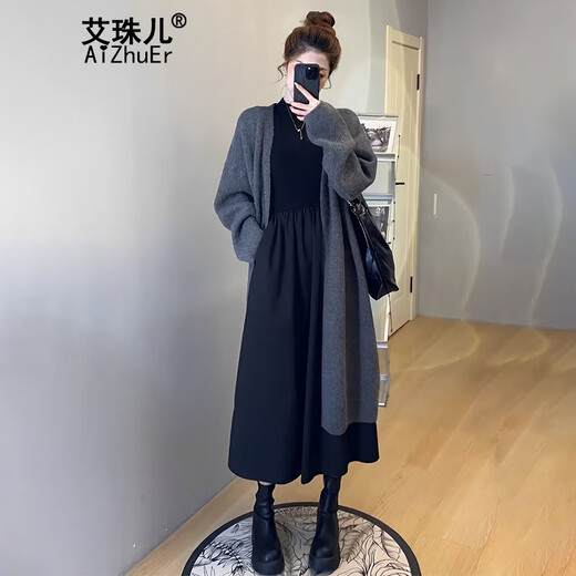 Aizhuer Kleid (Aizhuer) neuer Modeanzug für Frühling und Herbst 2025 Tragen Sie einen kompletten Set kleiner gestrickter Jacke für Frauen Strick -Strickjacke + Kleid (Anzug) XL