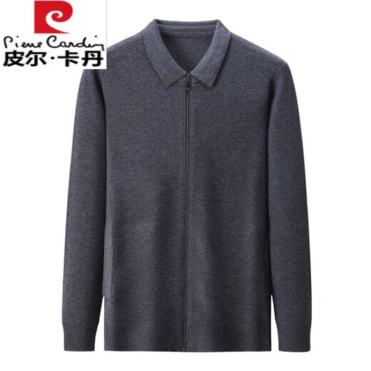 Pierre cardin 2024 autumn and winter sweater cardigan men's lapel 100% pure wool jacket light business casual knitted base shirt black 165