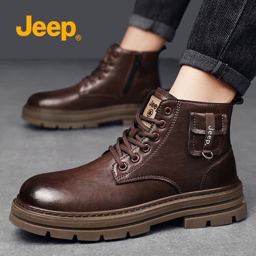 Jeep Martin Boots Herren Winter 2024 Neues echtes Leder atmungsaktivem dick-solchen Arbeitsschuhen Vielseitige Mode High-Top-Männerschuhe trendy braun [Modestil] 40