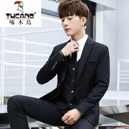 Woodpecker Youth Suit Suit Men's Slim Small Suit Student Suit Three-piece Wedding Formal Wear Trendy Groomsmen Group Suit 201 Black Suit+Pants+Vest+Shirt+Tie Belt 2XL Pants 33 Suitable for 136/145Jin Jin is equal to 0.5 kg