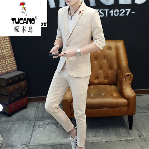 Pic (Tucano) Été de costume décontracté d'été pour hommes ensemble de style coréen jeune tendance slim ajustement petite à mi-manche 9902 kaki [top + pantalon] m