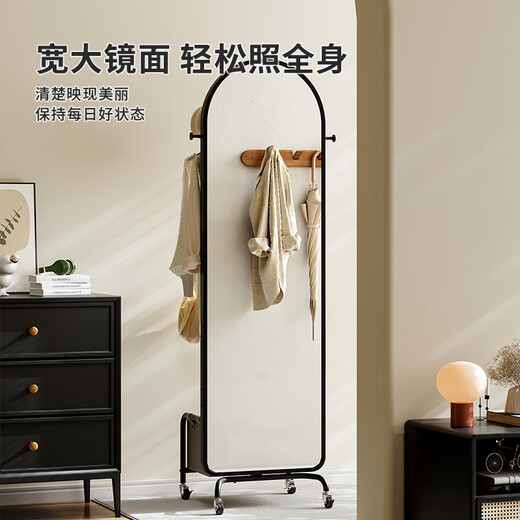 航轩世家轻奢穿衣镜子家用旋转全身镜可移动落地式卧室挂衣帽架一体小户型 【轻奢黑】-铁艺框架+皮革篮筐