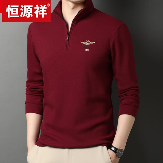 Hengyuanxiang футболка с длинными рукавами и воротником-стойкой с половиной молнией, мужская весенне-осенняя толстовка из чистого хлопка, повседневная рубашка, тонкая 6625, красная + бархатная + толстая 175