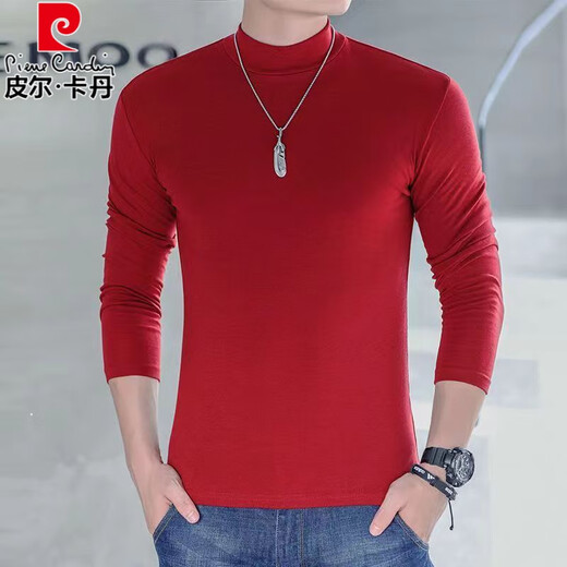 Pierre Cardin men's pure cotton half-high collar long-sleeved bottoming shirt t-shirt young and middle-aged autumn clothing underwear slim body shirt men's tops autumn and winter long sleeves half-high collar white XL 115-130Jin Jin equals 0.5 kg