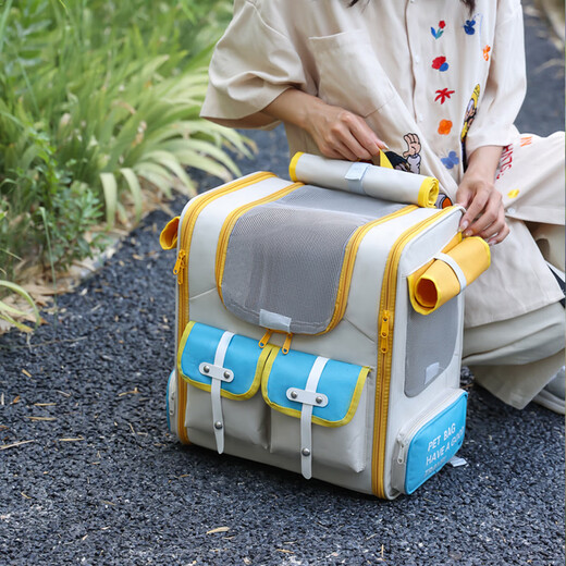 新款双肩猫包外出包便携大号款宠物包太空舱宠物狗双肩包宠物用品 1004-米白蓝