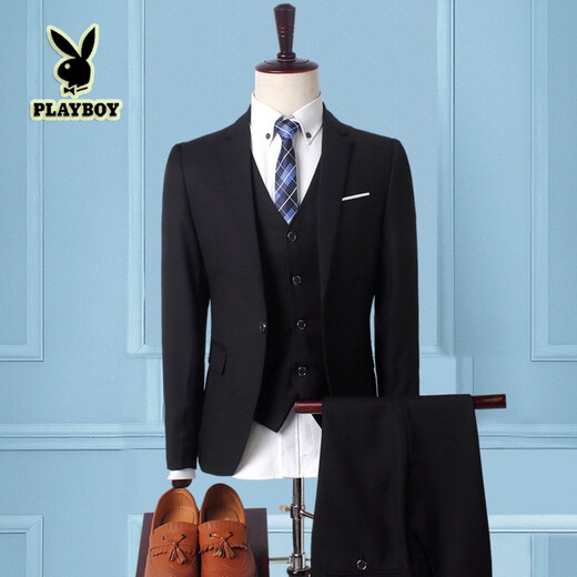 Playboy Winter Suit Men's British Lang Wedding Suit Slim Three-piece Business Formal Casual Suit Black S