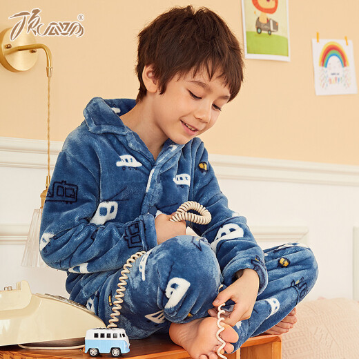 Dingguagua boys' pajamas, winter children's coral velvet home clothes set, autumn and winter middle and large children's cartoon cardigan pajamas JD4226 dark blue 2130