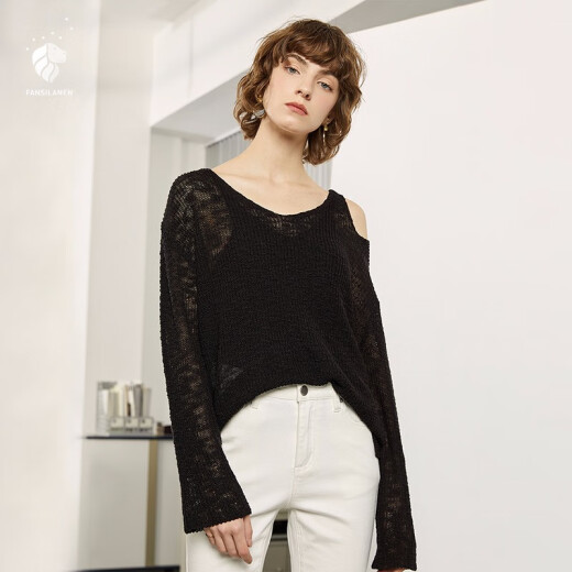 Fanslan's new autumn pullover hollow sweater blouse thin long-sleeved top loose net shirt women's black M
