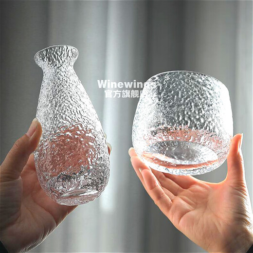 WINEWINGS Japanese hand-made glass wine warmer set household liquor dispenser hammer pattern sake ice wine jug Japanese wine cup wine set wine warmer set one pot 4 cups one cylinder does not include tray