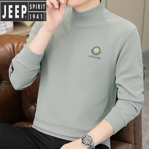 JEEP SPIRIT autumn and winter new men's velvet half turtleneck cotton sweatshirt long-sleeved T-shirt bottoming shirt slim fit skin-friendly inner wear Khaki M 85-110Jin Jin is equal to about 0.5 kg