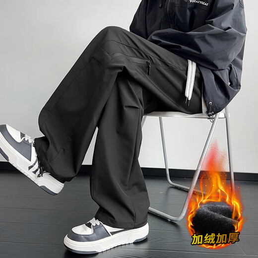 POUM American work pants men's winter velvet thickened warm loose windproof sports pants JRK112 black L