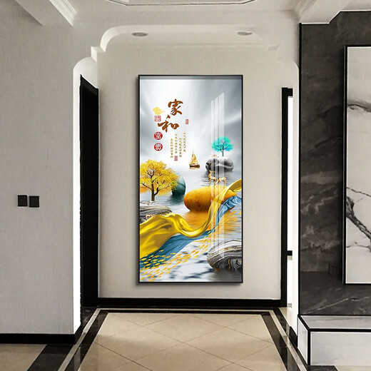 牧邻玄关装饰画新中式轻奢现代简约背景墙壁挂画免打孔走廊过道镶钻画 12243福鹿呈祥 晶瓷70*140黑框 墙宽101-120