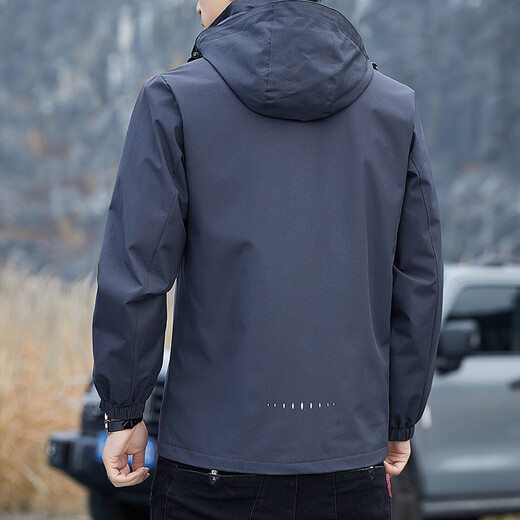 真维斯（Jeanswest）春秋季冲锋夹克男新款男装宽松连帽可拆卸外套男士防风工装上衣 6628深灰色 2XL 码(136-150斤)