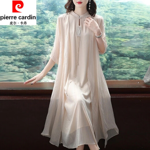 Pierre Cardin improved silk cheongsam for women summer new style fashionable Hanfu long skirt Chinese style retro mulberry silk dress apricot suit 2XL recommended 130-145Jin Jin equals 0.5 kg