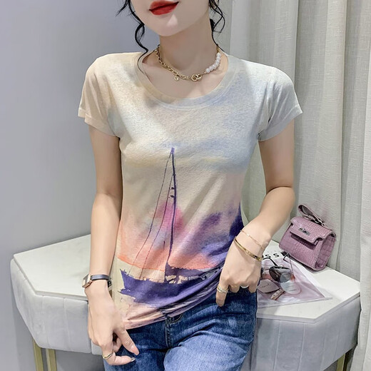 [Sonderpreis-Abholung] High-End Light Luxury Marke 2022 Sommer-Kurzärmel-T-Shirt für Frauen für das Retro-gedruckte modische Hemd für Frauen, schlank und schlank halbärmelig für Frauen Blue Butterfly (7027) XL (Empfohlen 121-130jin [Jin gleich 0,5 kg]))