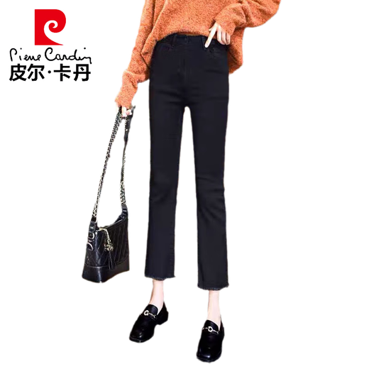 皮尔卡丹（pierre cardin）黑色烟管裤女2025年新款直筒牛仔女士裤子春秋款小个子显瘦九针织 黑色正常车脚九分 单裤 2575-83斤